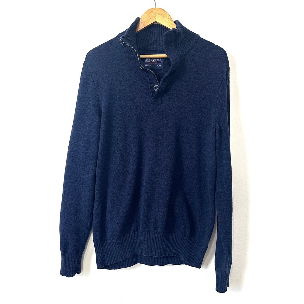 American Eagle Mock Neck Sweater XL Navy Blue Athletic Fit Quarter Zip‎ Button